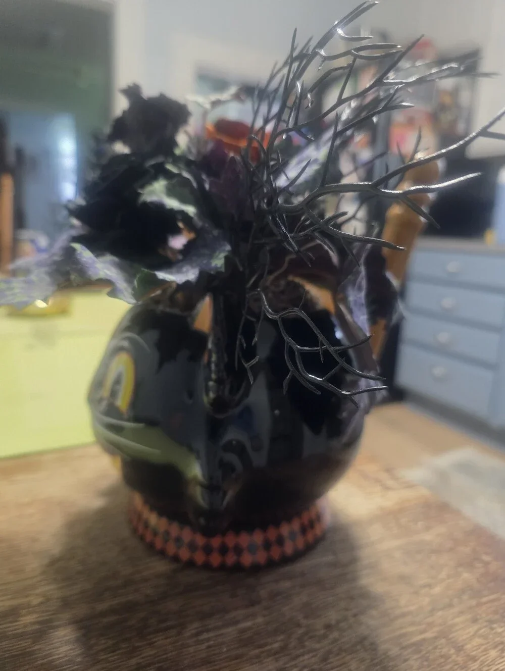 Halloween Artificial Floral Arrangement Cat Theme Black Ceramic Pot 10 Inches